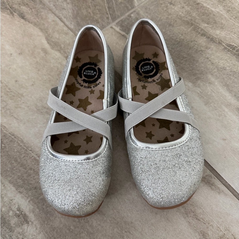 Livie & Luca Silver Glitter Crisscross Mary Jane Kids Shoes